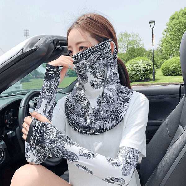 Women Two-Pieces Sunscreen Outdoor UV Protection Ice Silk Sleeve Arm Guard Sleeve Cover Face Breathable Veil Mask - MRSLM