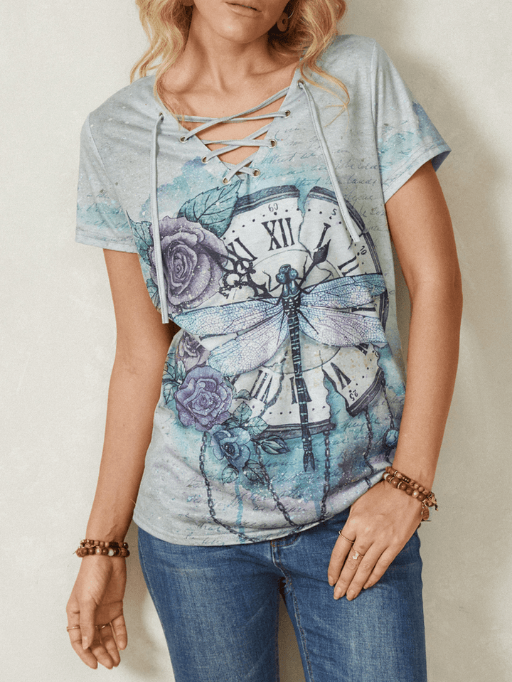 Women Calico Dragonfly Print V-Neck Bandage Casual Short Sleeve T-Shirts - MRSLM