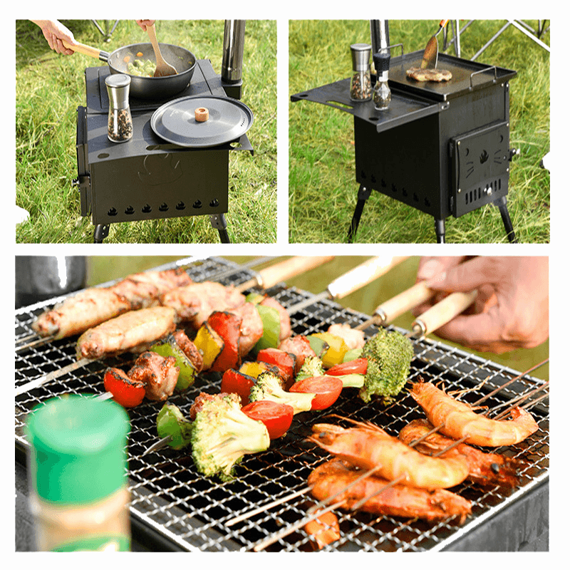 Ipree® Outdoor Wood Stove Stainless Steel Barbeque Grill Portable Foldable Camping Picnic Cooking Furnace - MRSLM