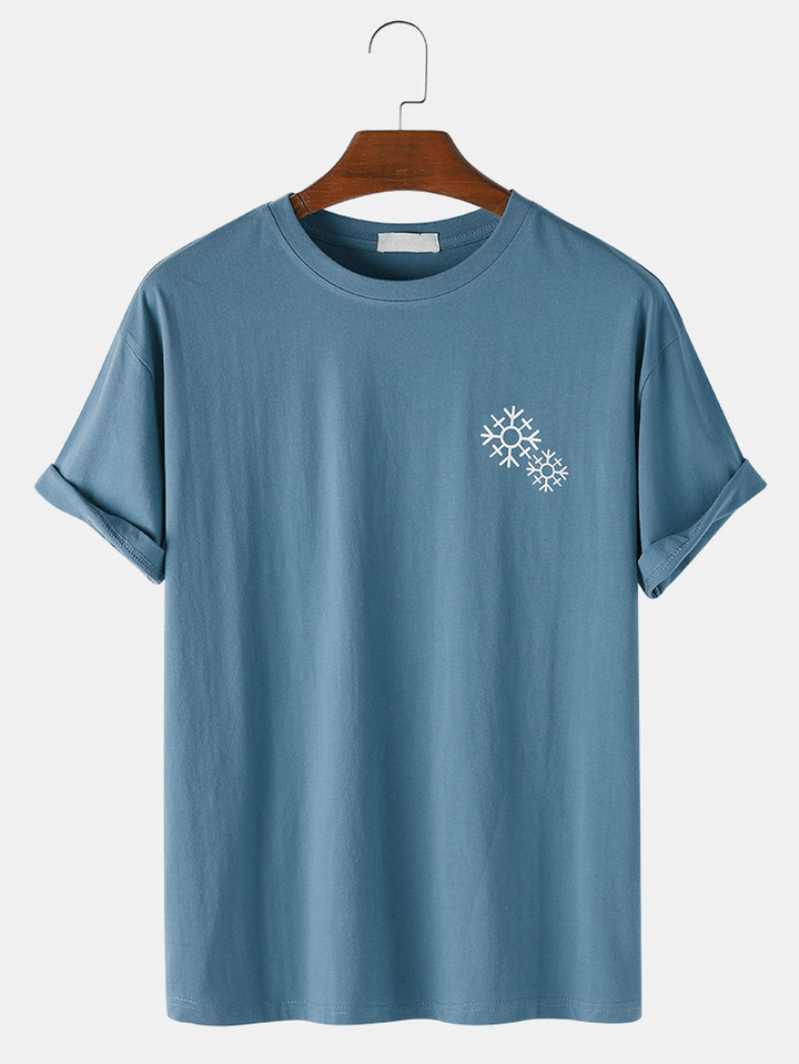 Mens Solid Color Snowflake Print O-Neck Casual Short Sleeve T-Shirt - MRSLM
