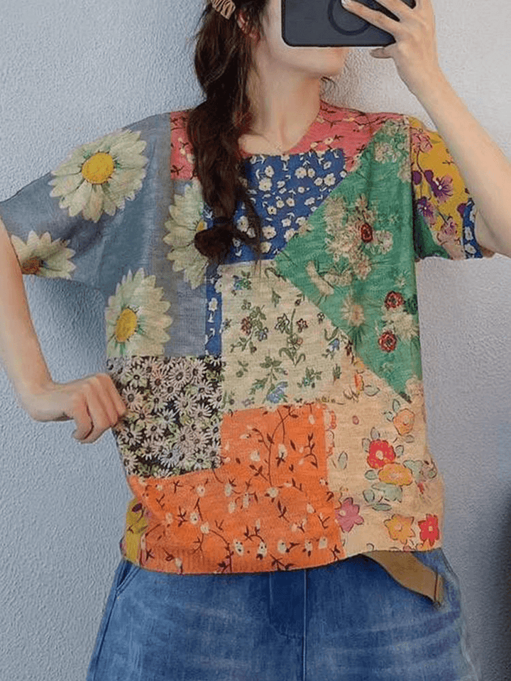 Floral Print Color Block Loose round Neck Short Sleeve Knitted T-Shirt - MRSLM