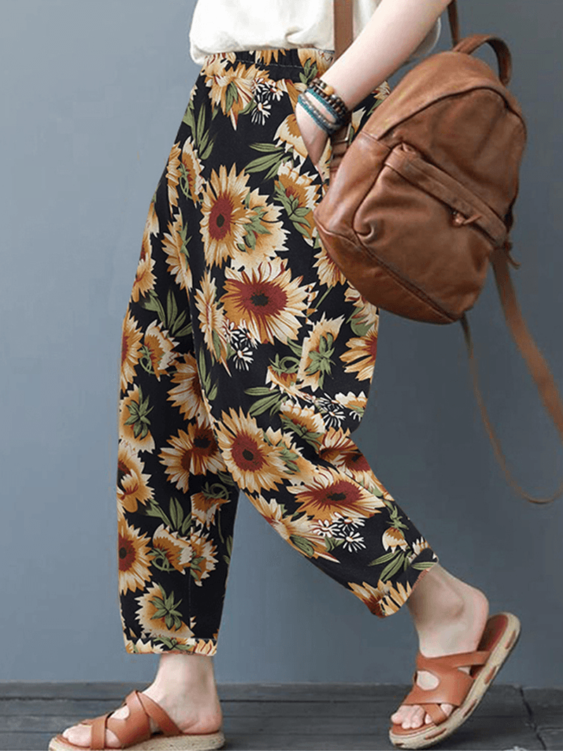 Women Sunflower Daisy Floral Print Cotton Casual Pants with Side Pockets - MRSLM