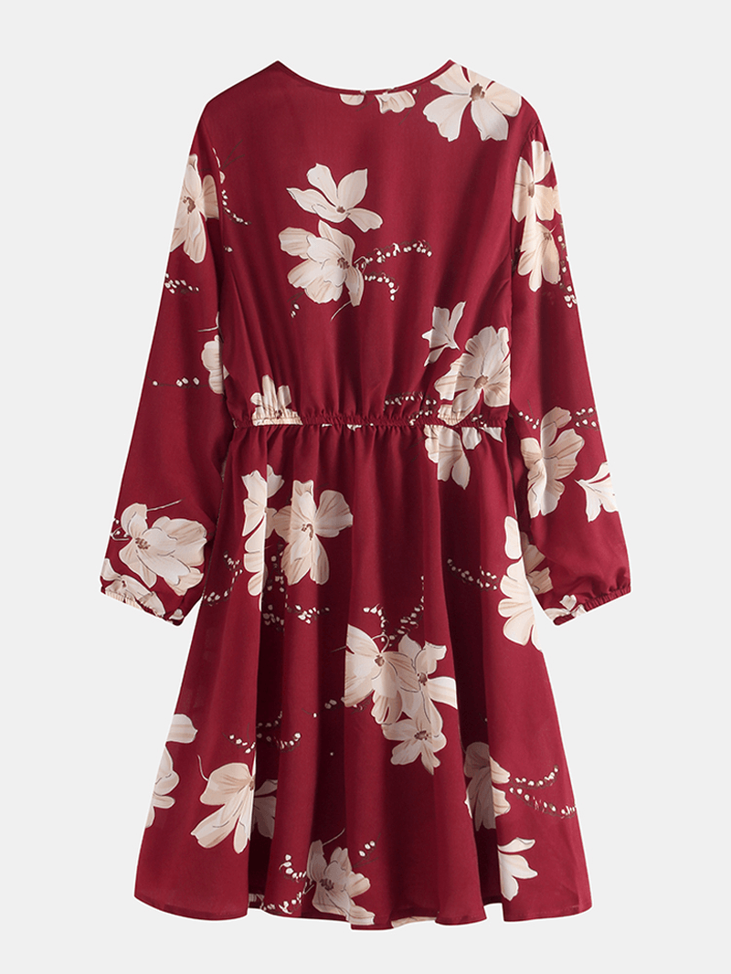 Women Long Sleeve V-Neck Floral Print Mini Dress - MRSLM