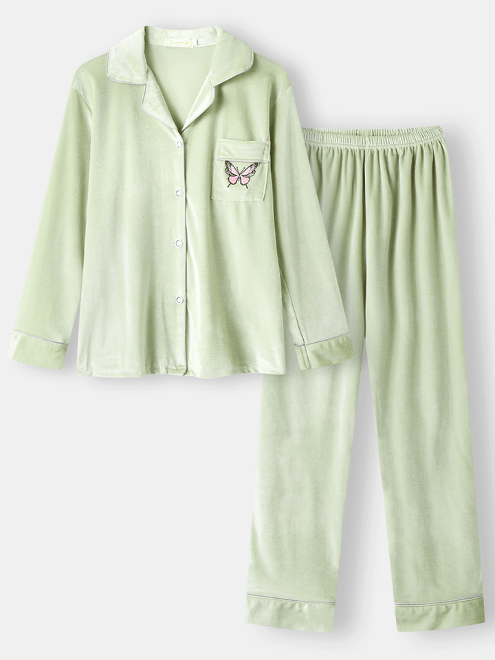 Women Butterfly Embroidery Pocket Shirt Velvet Elastic Waist Pant Home Pajamas - MRSLM