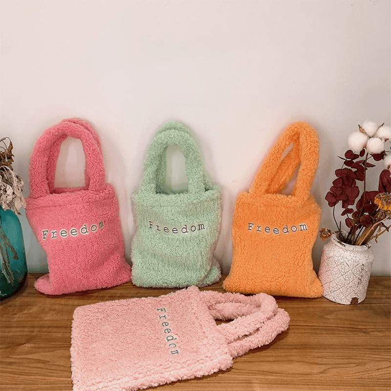 Women Lamb Wool Letter Pattern Solid Color Soft Small Handbag - MRSLM