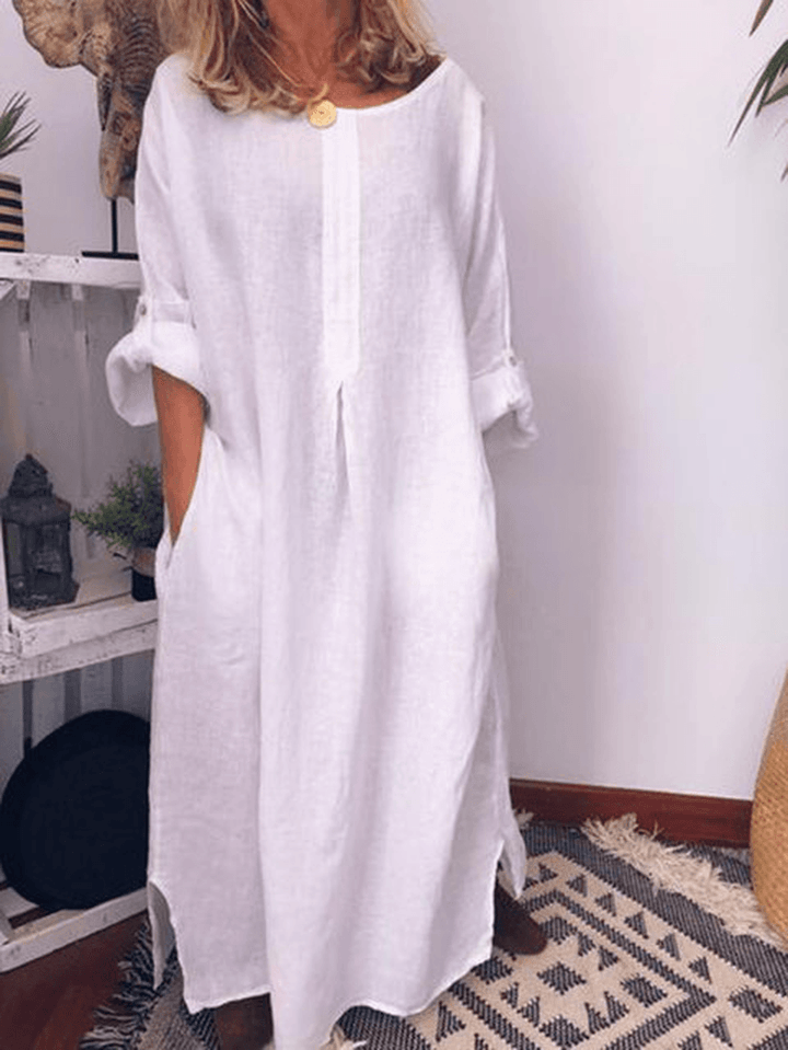 Women Solid Color Adjustable Sleeve Split Hem Dress - MRSLM