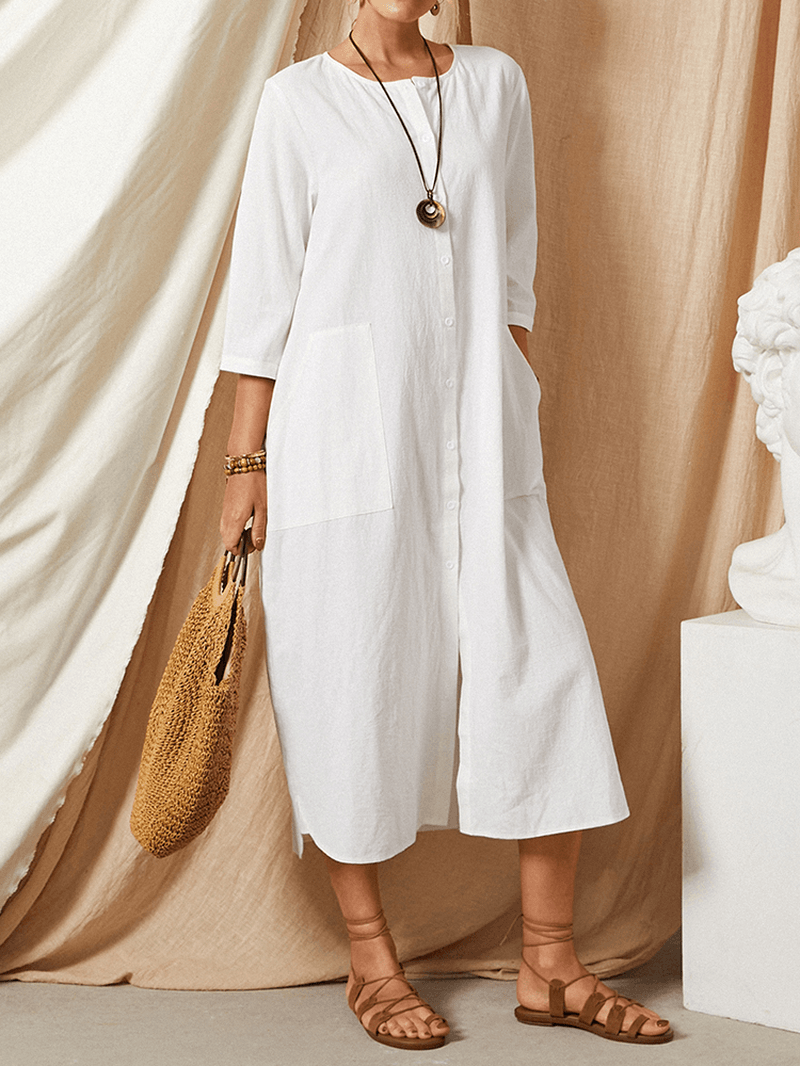 Casual Loose Button round Neck Plain Solid Maxi Dress with Pocket - MRSLM