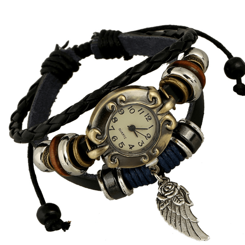 Vintage Cowhide Bracelet Watch Beaded Cross Pendant Leather Lady Bracelet Men Quartz Watch Bracelet - MRSLM