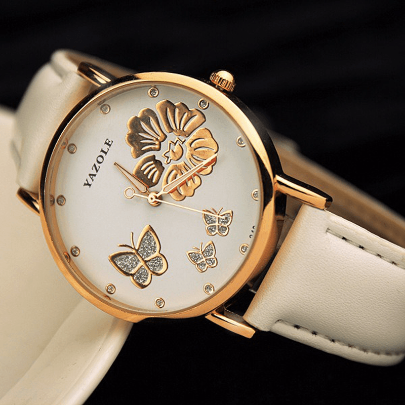 YAZOLE 343 Crystal Elegant Design Ladies Wrist Watch Leather Band Quartz Watch - MRSLM