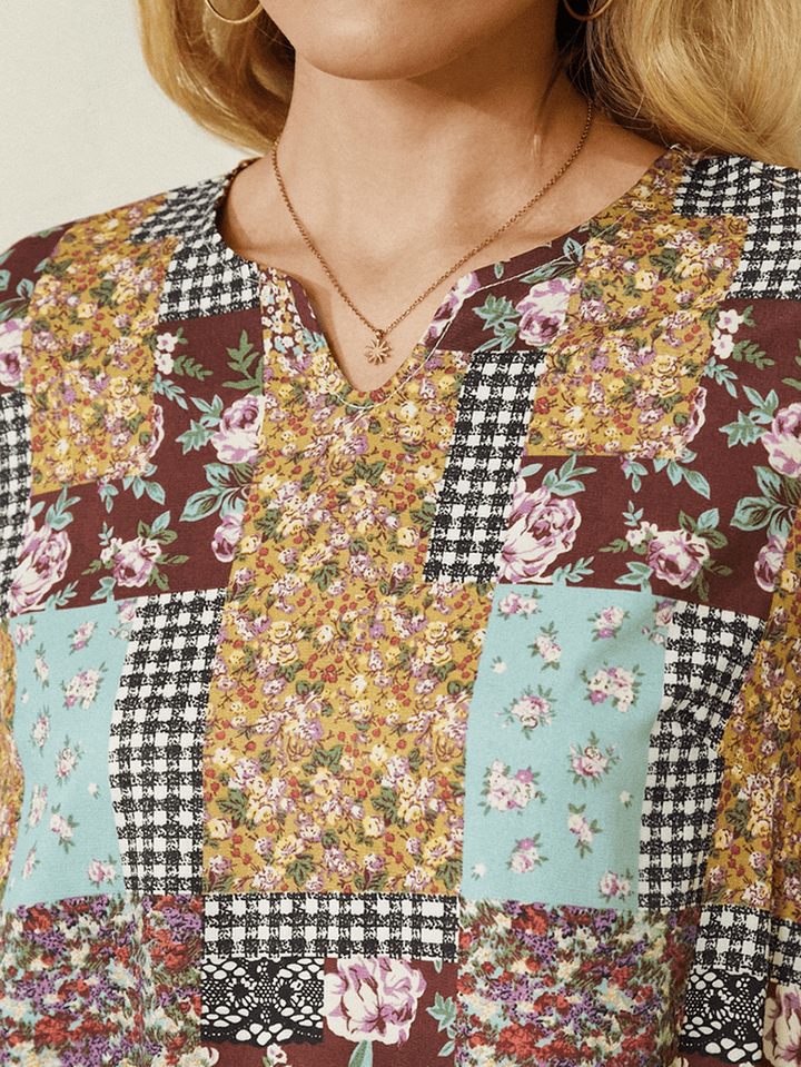 Women Colorblock Floral Plaid Print Vintage Maxi Dress with Pocket - MRSLM