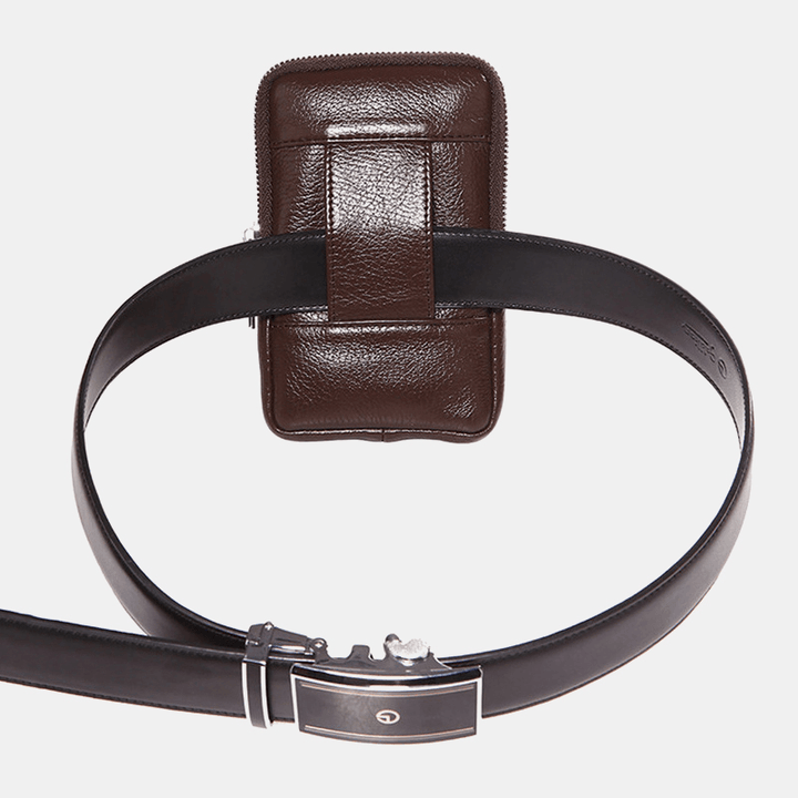 Men Genuine Leather Retro 6 Inch Phone Bag Business Casual Belt Bag Waist Bag - MRSLM