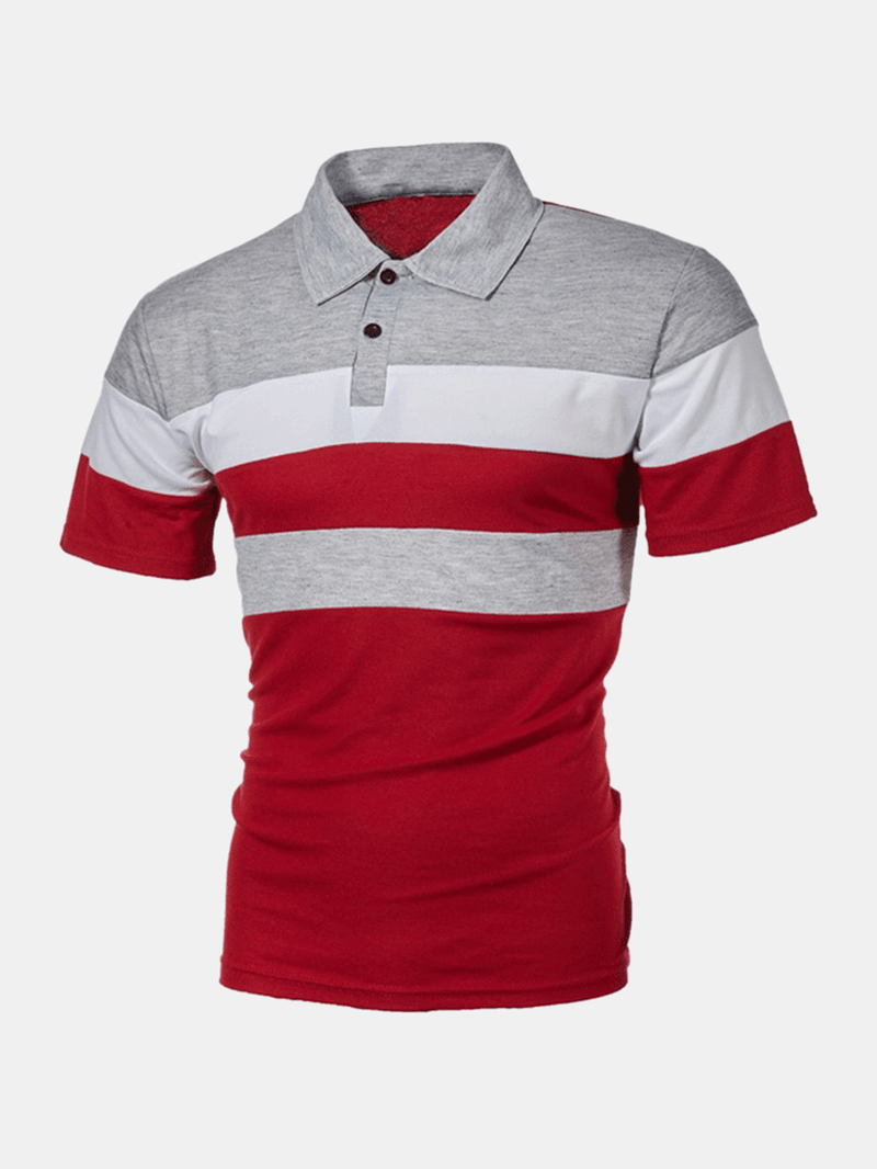 Mens Color Blcok Short Sleeve Half Open Turn down Collar Casual Golf Shirt - MRSLM