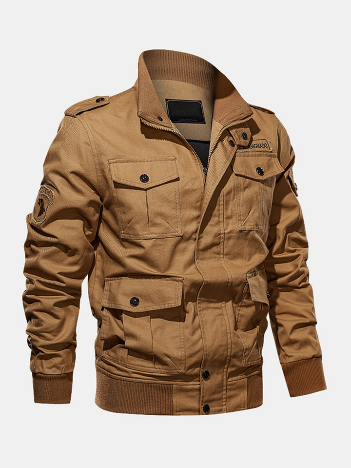 Mens 100% Cotton Badge Zip Front Outdoor Cargo Jacket with Multi Pocket - MRSLM