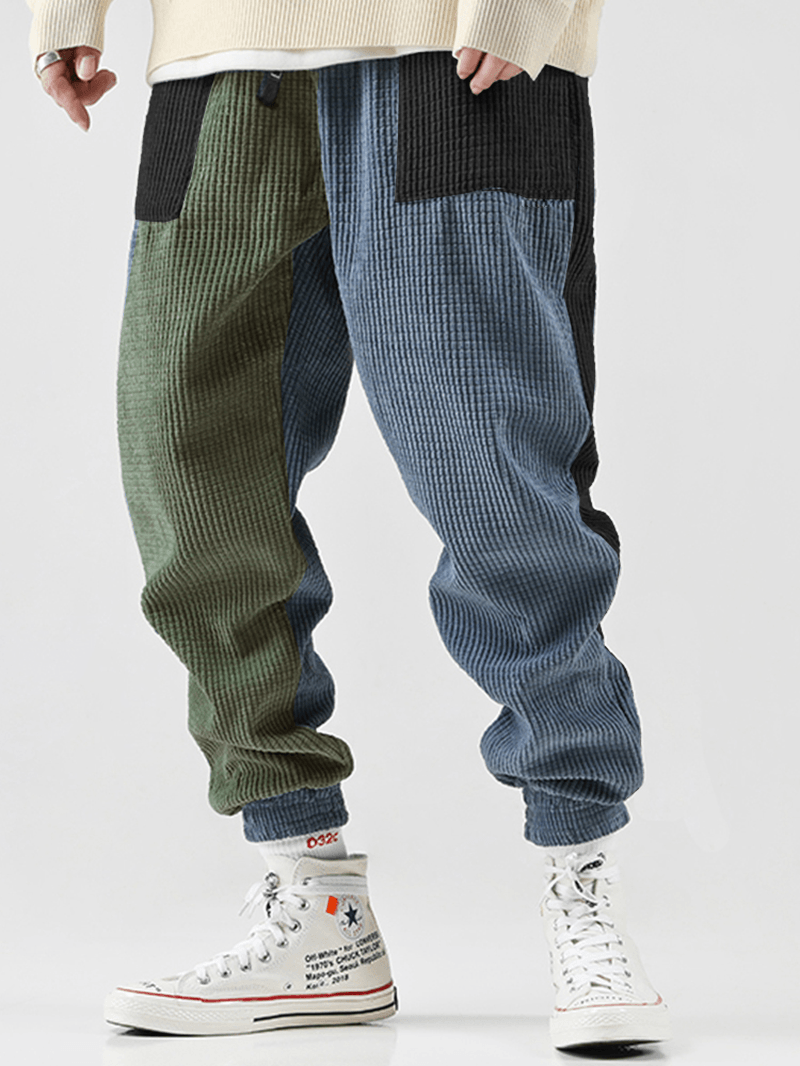 Men's Corduroy Patchwork Jogger Pants with Drawstring and Pockets - Casual and Comfy - MRSLM
