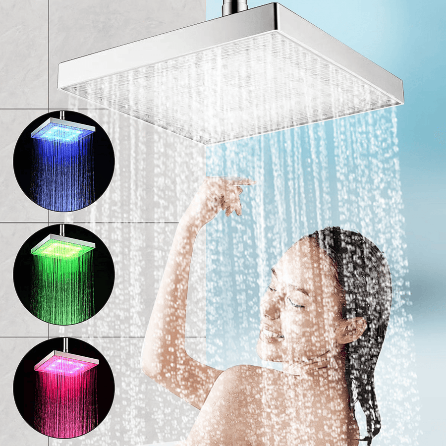 Bathroom LED Rainfall Shower Head High Pressure Shower Head RGB Color-Changing Temperature Sensor Showerhead - MRSLM