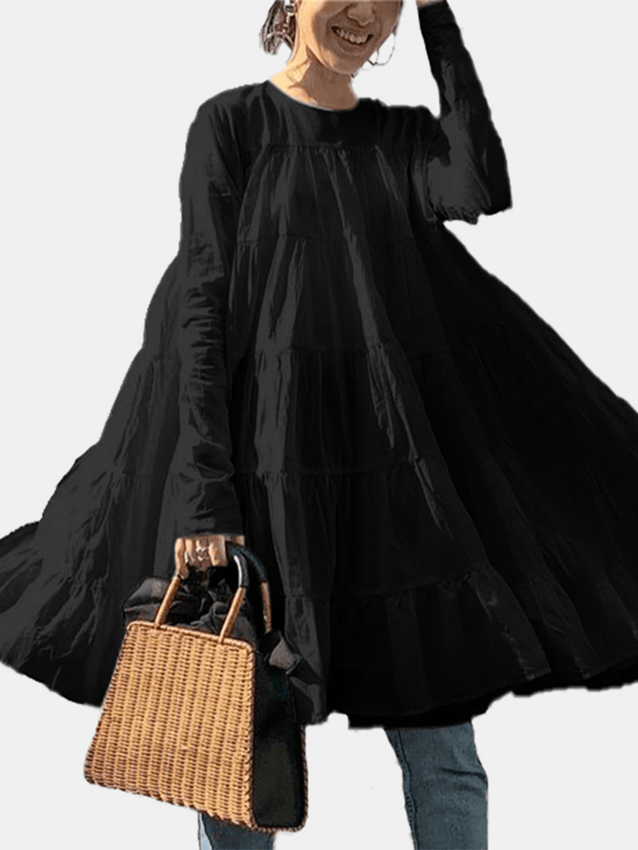 Solid Color O-Neck Long Sleeve Pleated Loose Casual Blouse for Women - MRSLM