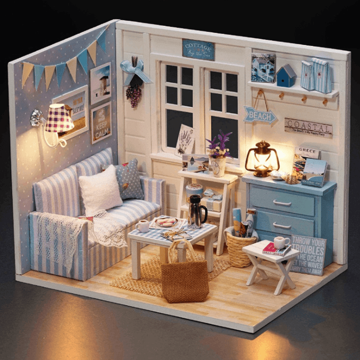 Creative DIY Handmade Assemble Doll House Miniature Furniture Kit with LED Effect Dust Proof Cover Toy for Kids Birthday Xmas Gift House Decoration - MRSLM