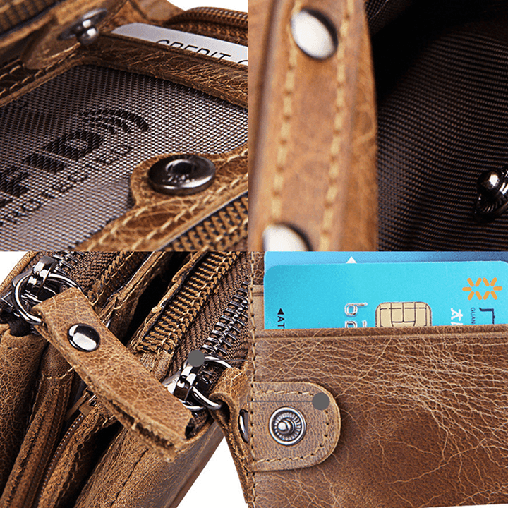 Men Genuine Leather RFID Anti-Theft Multi-Slots Retro Large Capacity Zipper Card Holder Wallet - MRSLM