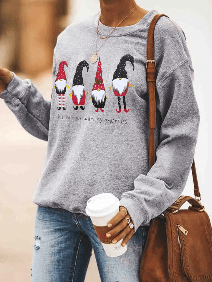 Women Cartoon Santa Claus Print Christmas Pullover Long Sleeve Sweatshirts - MRSLM