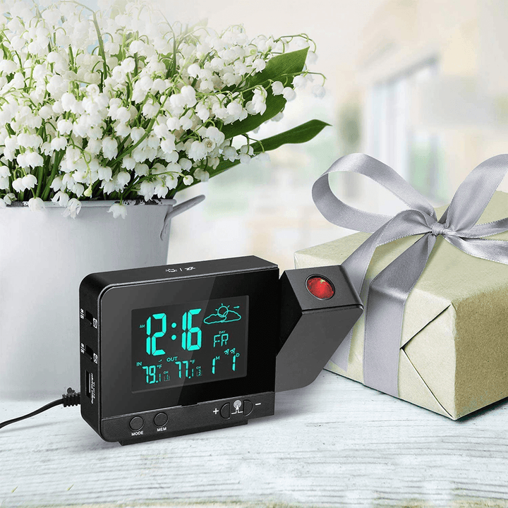 Digital Projection Clock LED Display Dimmer USB Charger Alarm Clock with Indoor Outdoor Thermometer for Home Bedroom Decoration Clock - MRSLM