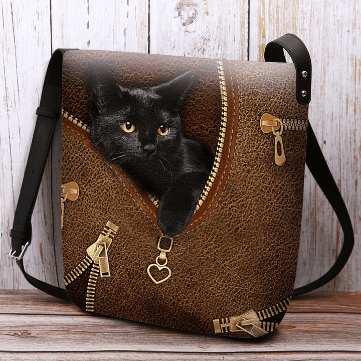 Women Felt Casual Cute 3D Cartoon Black Cat Printing Pattern Crossbody Bag Shoulder Bag - MRSLM