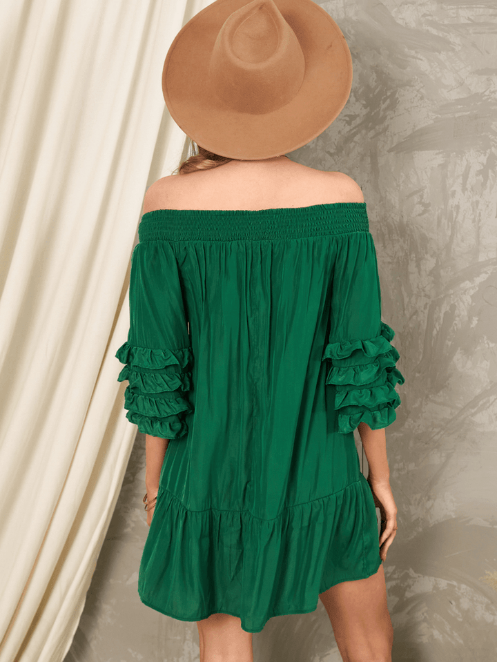 Off Shoulder Pleats Solid Casual Mini Dresses for Women - MRSLM