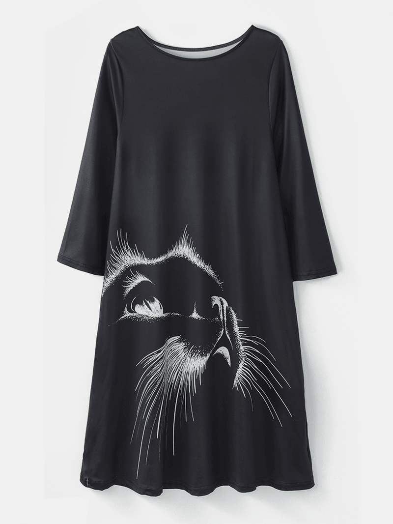 Women Cat Print round Neck 3/4 Sleeve Casual Black Blouses - MRSLM