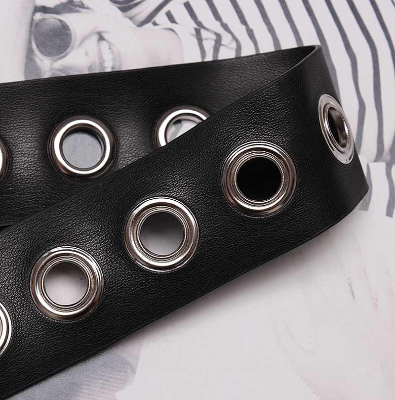 Versatile Ring Extra Long Belt Female Black Wide Metal Eyelet Female Belt Decorated Dress Trousers - MRSLM