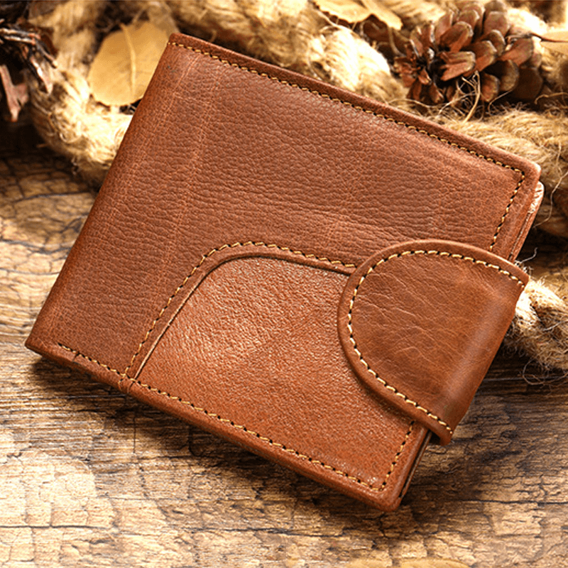 Men Genuine Leather Short Bifold RFID Anti-Theft Card Holder Coin Purse Wallet Cowhide Money Clip - MRSLM