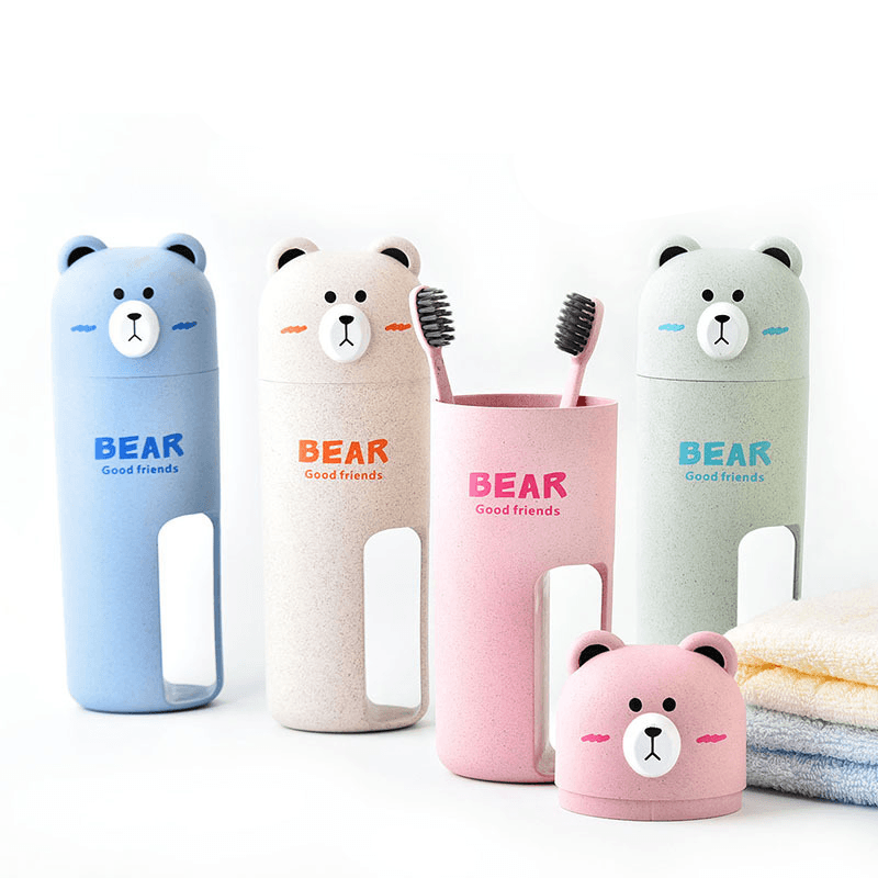Honana Cute Bear Wheat Straw Portable 4 Color Options Toothbrush Organizer Travel Washing Cup Set 2 Toothbrushes Incuded - MRSLM