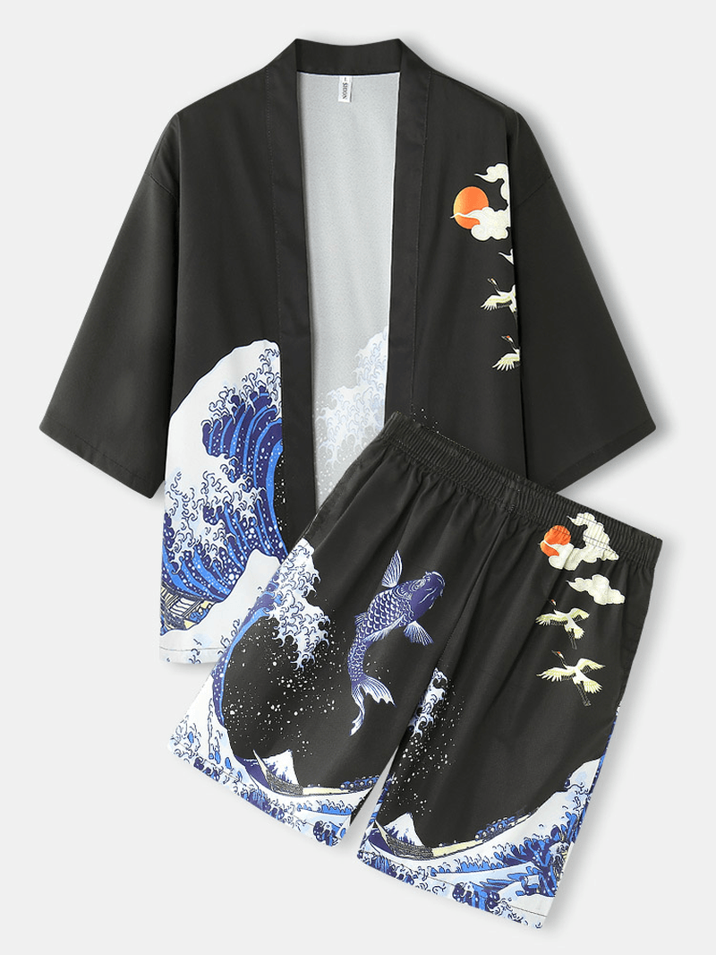 Mens Kimono Waves & Cap Pattern Japanese Elastic Waist Two Piece Outfits - MRSLM