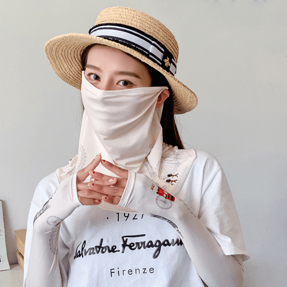 Women Sunscreen Summer Outdoor Cute Printing Ice Silk Sleeve Arm Guard Sleeve Breathable Cover Face Veil Mask - MRSLM