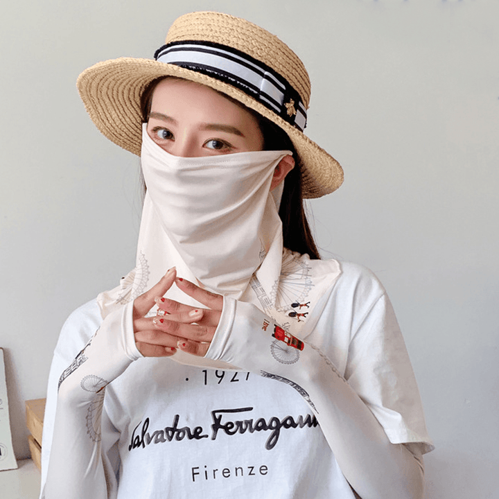 Women Sunscreen Summer Outdoor Cute Printing Ice Silk Sleeve Arm Guard Sleeve Breathable Cover Face Veil Mask - MRSLM