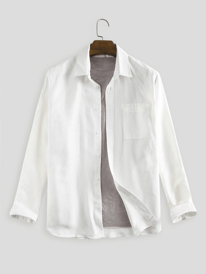 Mens Thin Corduroy Solid Color Long Sleeve Lapel Shirts - MRSLM