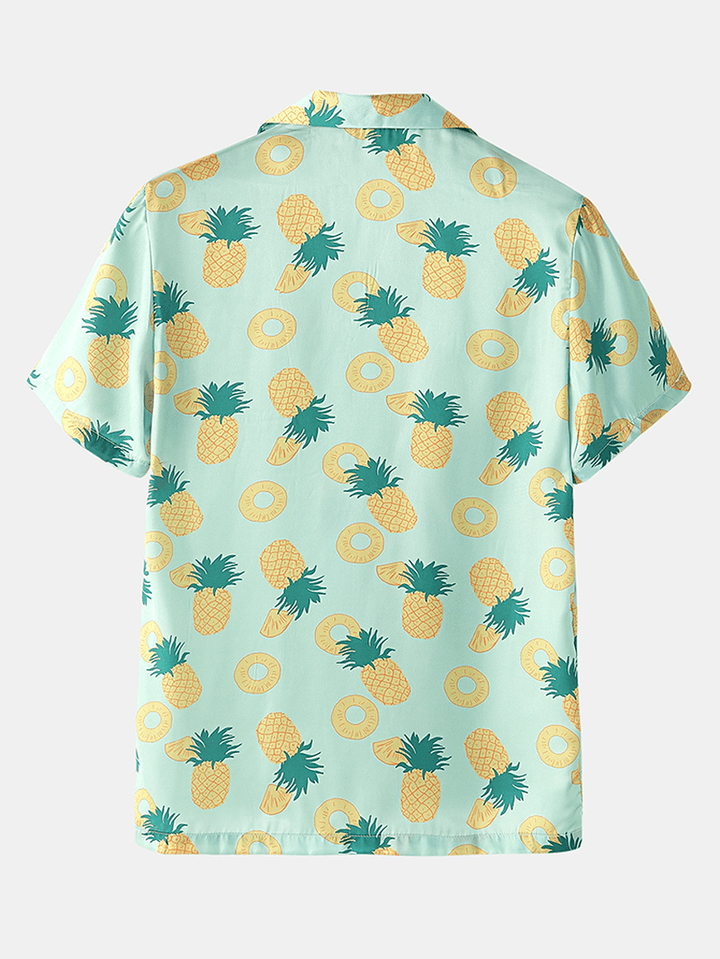 Mens Pajama Set Funny Pineapple Print Faux Sik Revere Collar Smooth Breathable Home Sleepwear - MRSLM