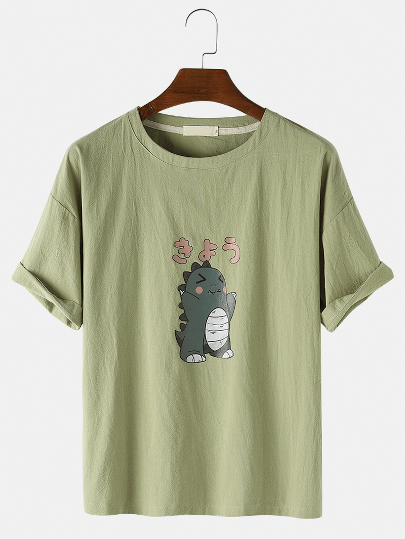 Mens Cotton Cartoon Dinosaur Print Crew Neck Sort Sleeve T-Shirts - MRSLM