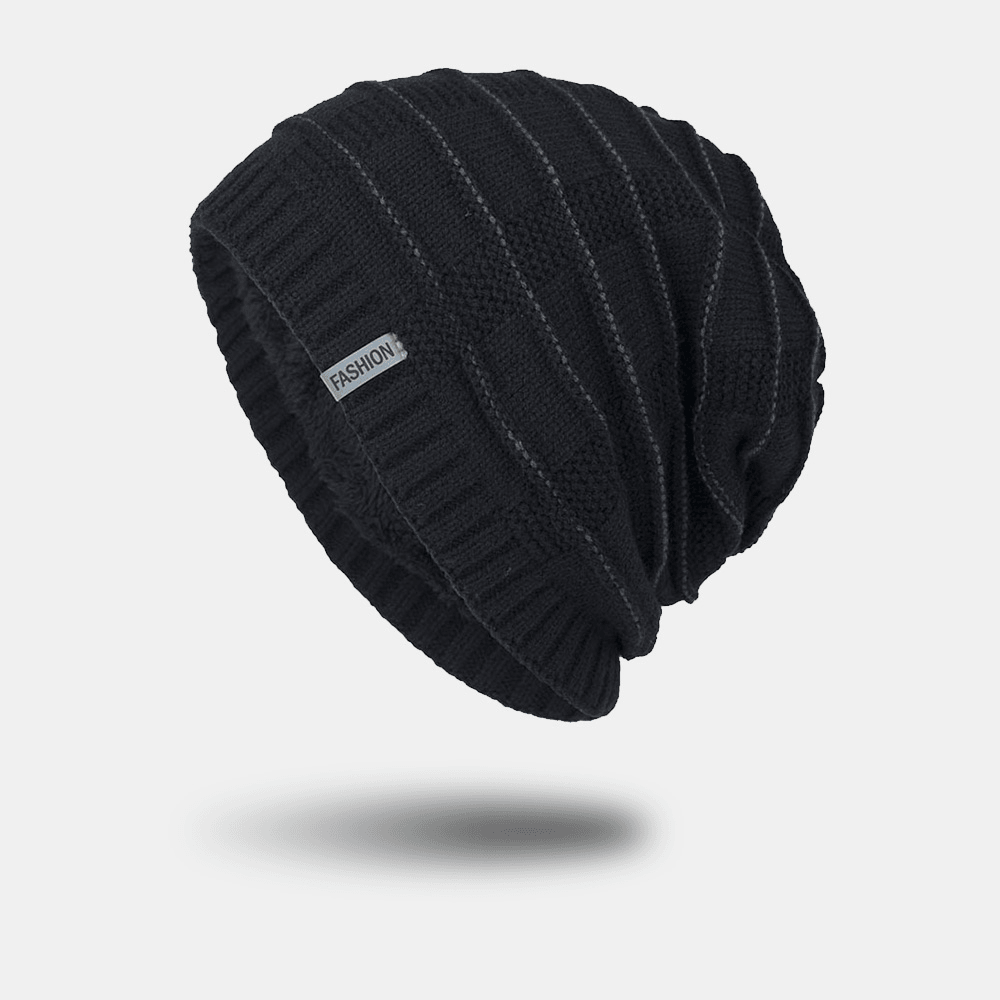 Unisex Acrylic Geometry Plaid Pattern Elastic Knitted Hat Outdoor plus Velvet Warm Adjustable Beanie Hat - MRSLM