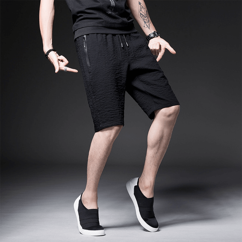 Men'S Quarter Zipper Pocket Thin Section Five Pants Season Pure Black Shorts - MRSLM