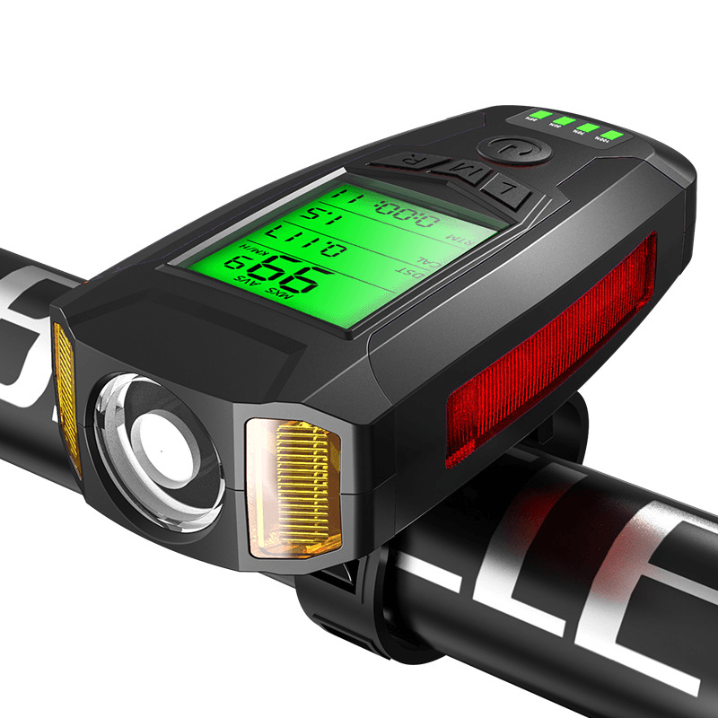 Black BIKIGHT 3-In-1 350LM COB Bike Light + USB Horn Lamp + Speed Meter LCD Screen 5-Modes Waterproof Bicycle Headlight with Horn - MRSLM