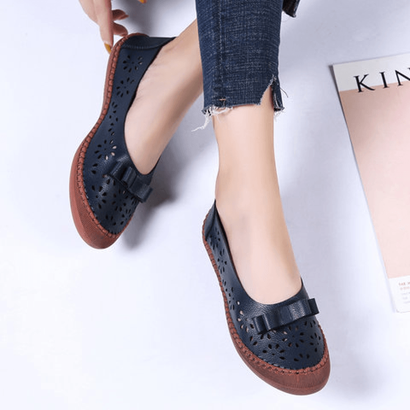 Women plus Size Genuine Leather Breathable Hollow Out Slip on Casual Flats Loafers - MRSLM