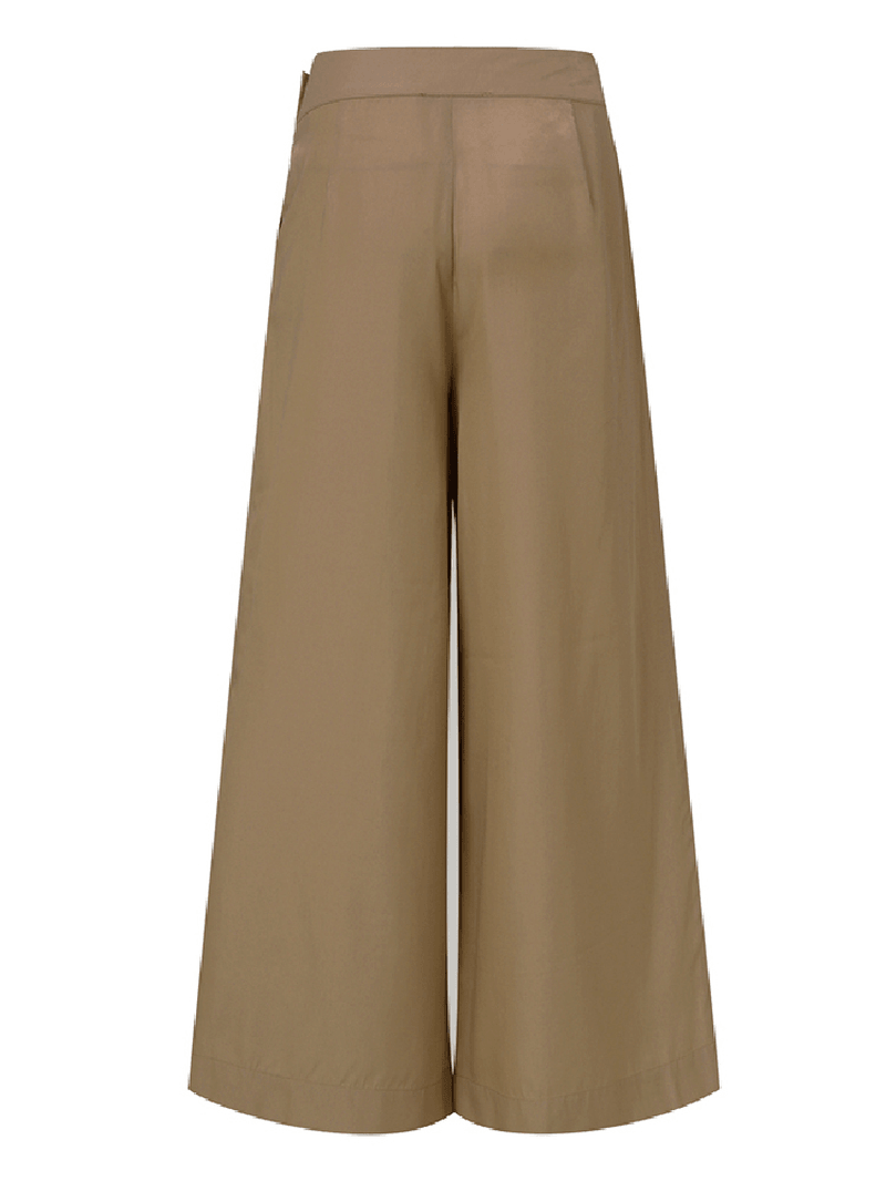 Women Solid Color Side Button Zipper Pocket Loose Casual Wide Leg Pants - MRSLM