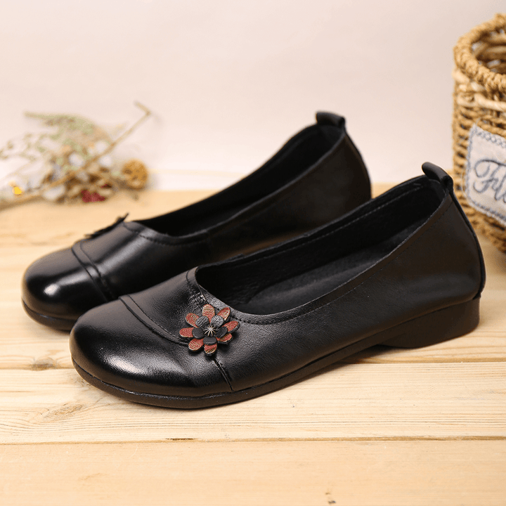 Women'S Leather Flowers Slip on Flats Loafers Shoes - MRSLM