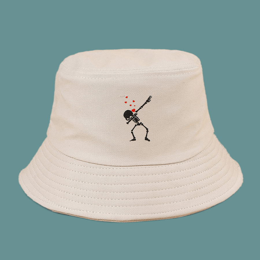 Unisex Cartoon Love Skull Print Twill Cap Cotton Solid Color Fashion Sun Protection Bucket Hat - MRSLM