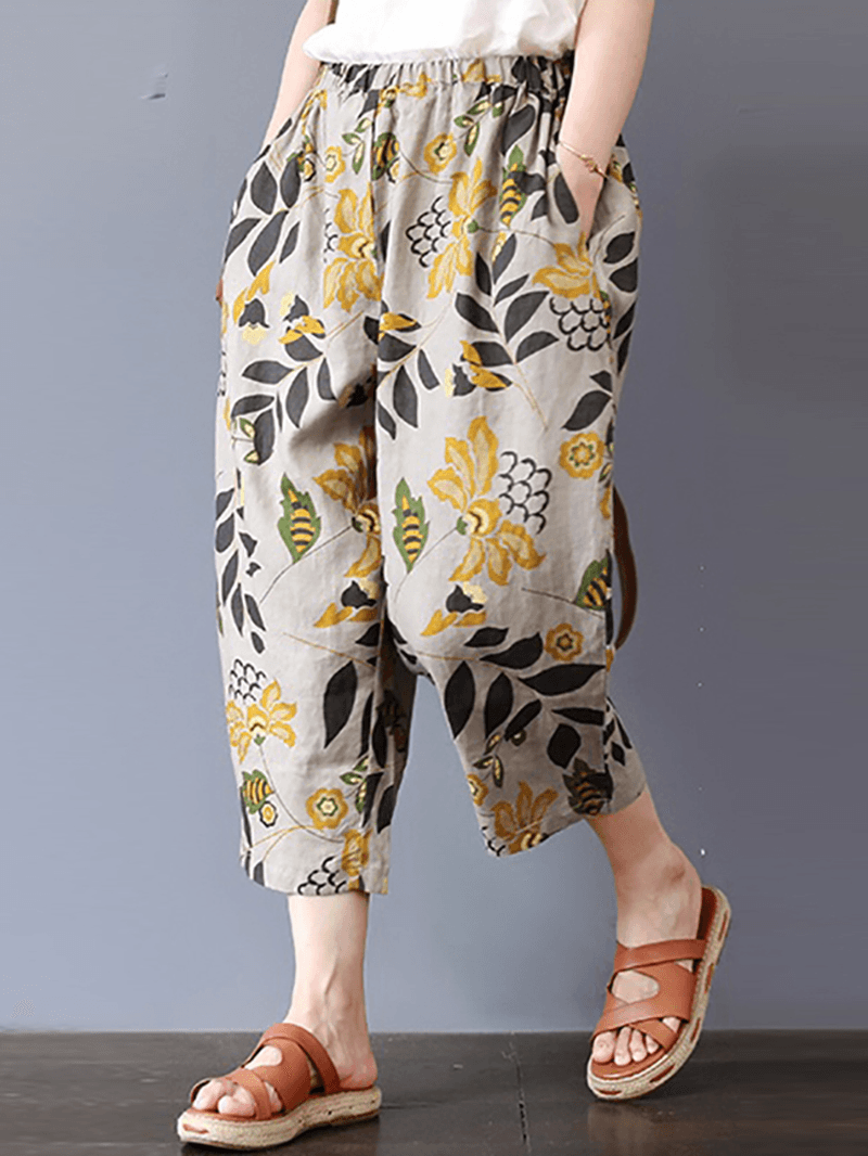 Vintage Women Floral Print Elastic Waist Pants with Pockets - MRSLM