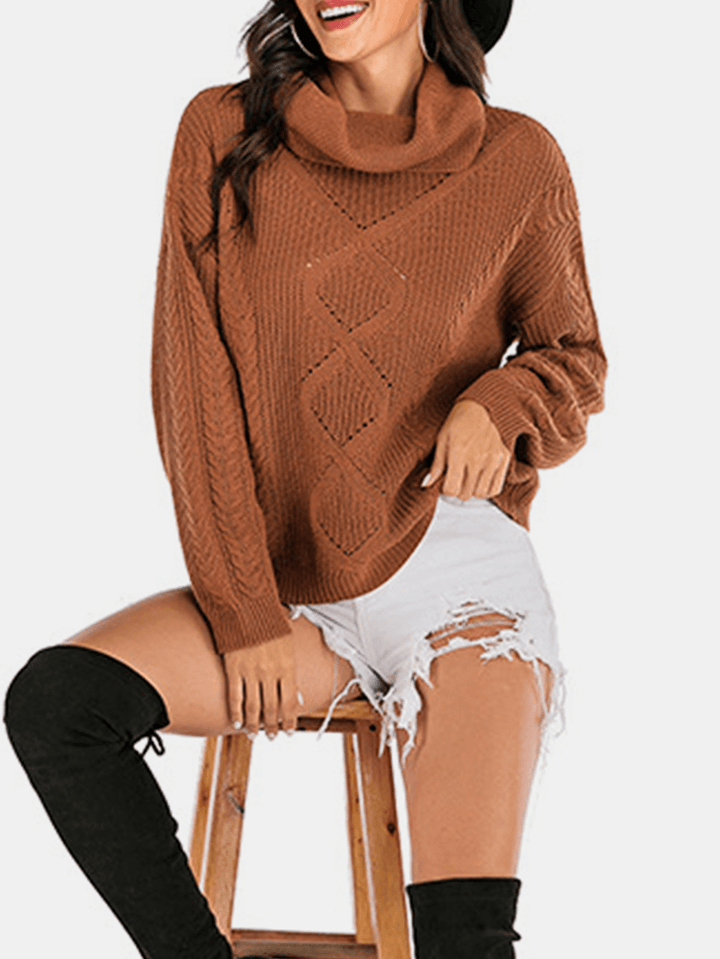 Women Solid Color High Neck Pullover Casual Warm Ribbed Knitted Sweater - MRSLM