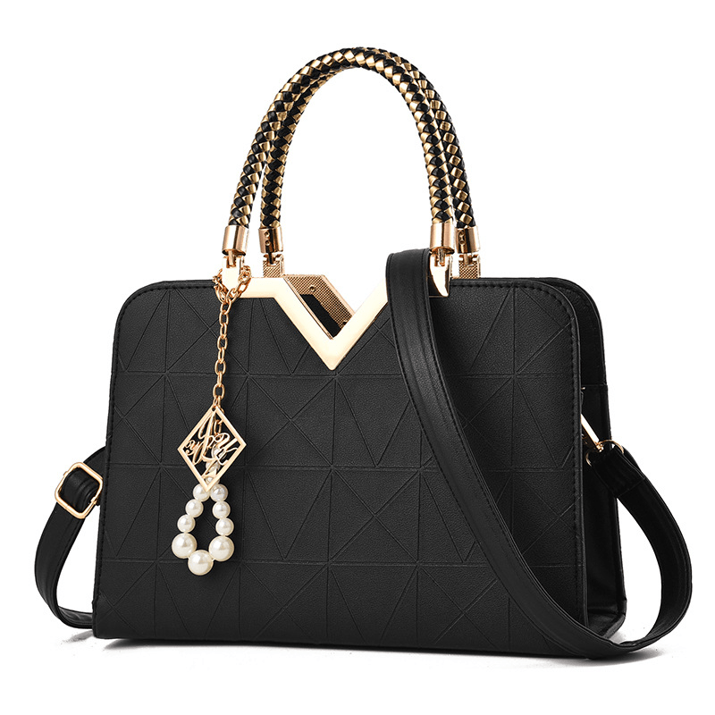 Elegant Women Golden Top Handle Satchel Handbag Tote Purse Shoulder Bag with Bead Pendant - MRSLM