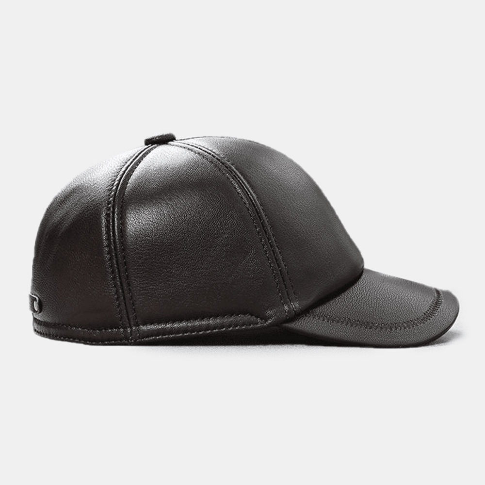Men Genuine Leather Patchwork Embroidery Thread Dome Casual Windproof Sunshade Baseball Cap - MRSLM