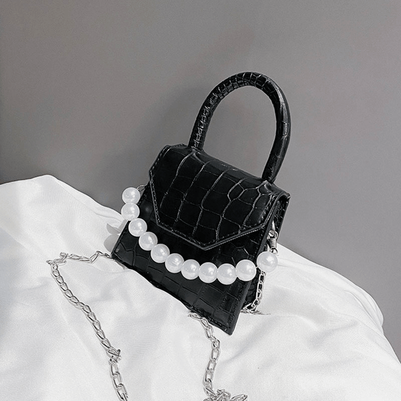 Women Pearls Chain Decor Flap Embossed Snake Pattern Mini Handbag Crossbody Bag Shoulder Bag - MRSLM
