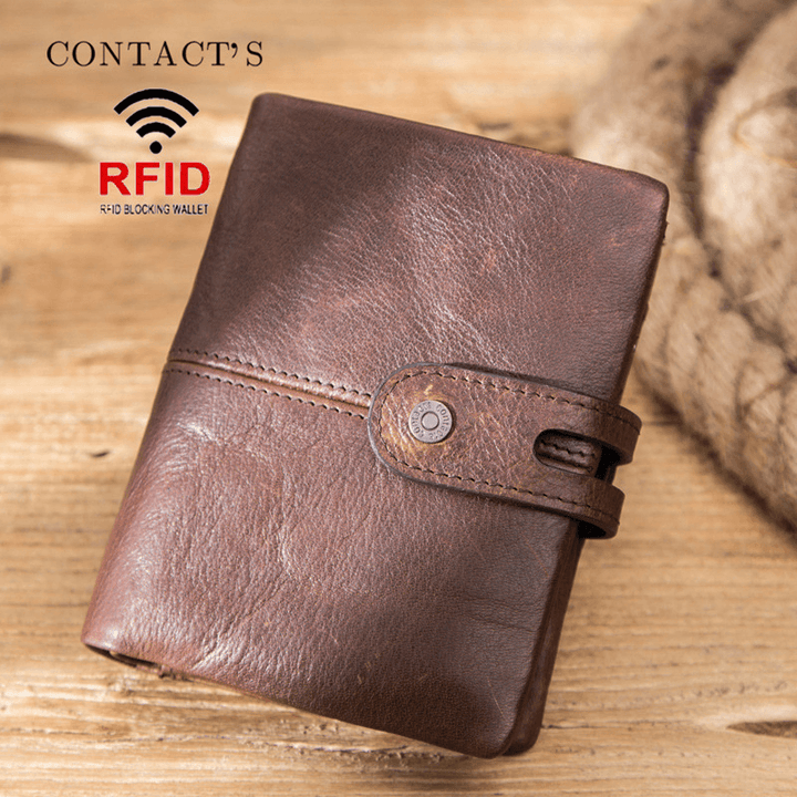 Men Genuine Leather RFID Anti-Theft Vintage Retro Business Multi Card Slot Leather Card Holder Wallet - MRSLM