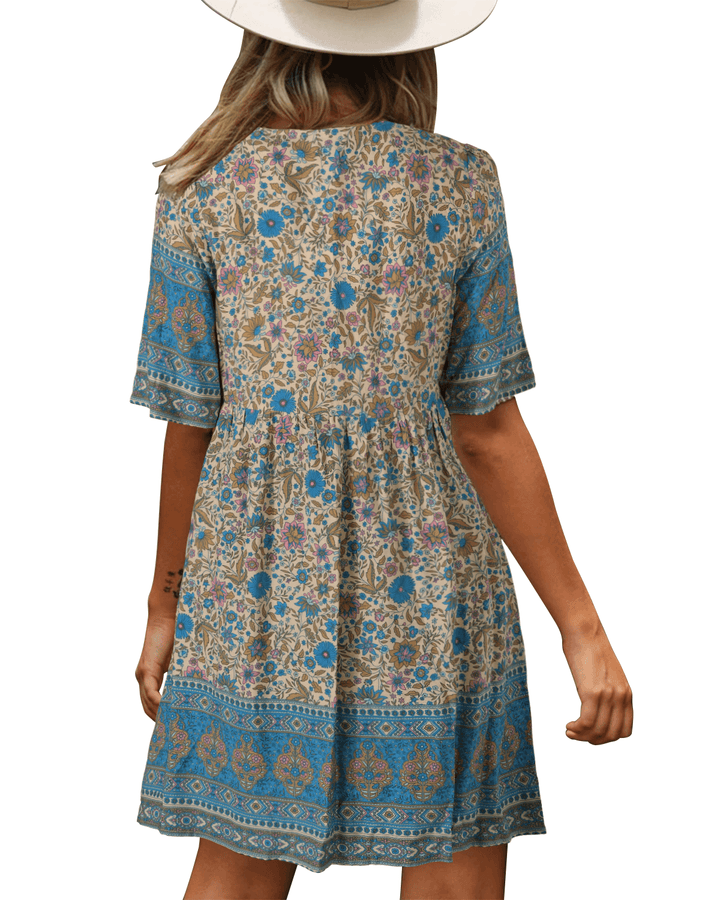 Bohemian Floral Print V-Neck Short Sleeve Mini Dress - MRSLM